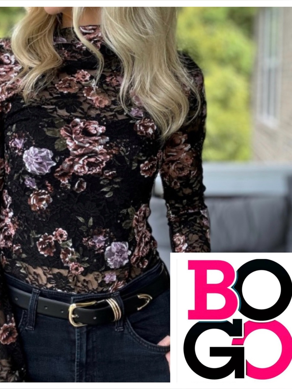 Floral Lace Mock Neck Long-Sleeve Top - Black with Pink Floral